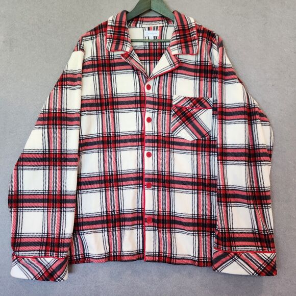 PajamaGram Mens Fleece Pajama Set XL Red White Plaid Long Sleeve Wide Leg PJs - Picture 2 of 16